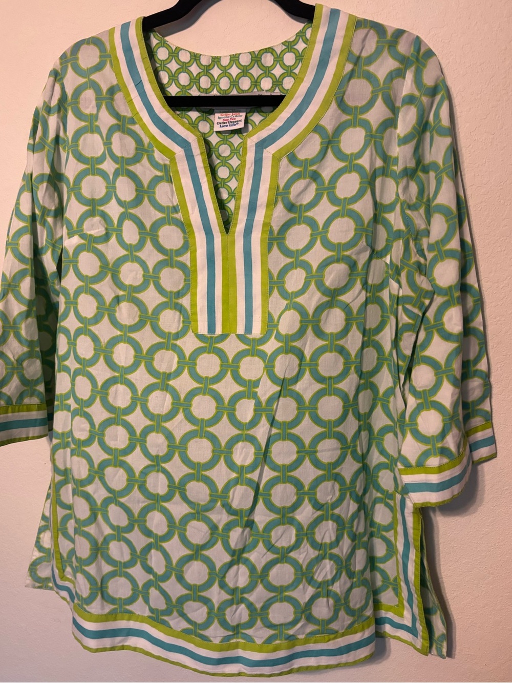Gretchen Scott Tunic Top XL — Green & Blue Circle Print, Cotton, V-Neck